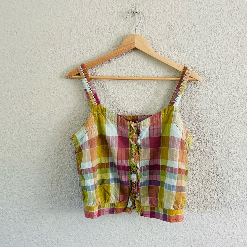 Anthropologie Plaid Button-Front Cropped Tank in Olive Green & Multi
